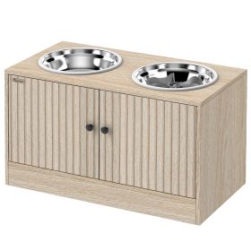 Elevated Dog Bowls with Storage Cabinet,  2 Stainless Steel Bowls, Slow Feeder, Dog Feeding Station for Large Dogs, Oak