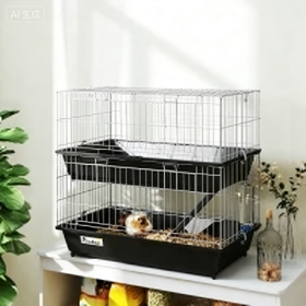 PawHut 2-Tier Small Animal Cage With 2 Doors, Trays, Dish, Bottle, And Ramp For Bunny, Ferret, Chinchilla, Black